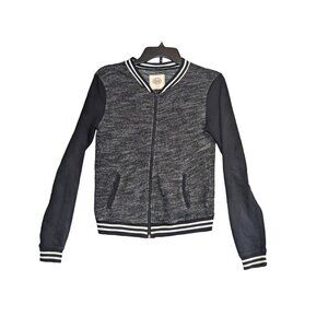 So Womens S Black & White Textured Knit Bomber Jacket With Zip Front